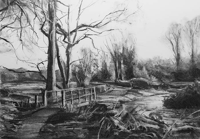 Charcoal sketch of River Meon near Droxford